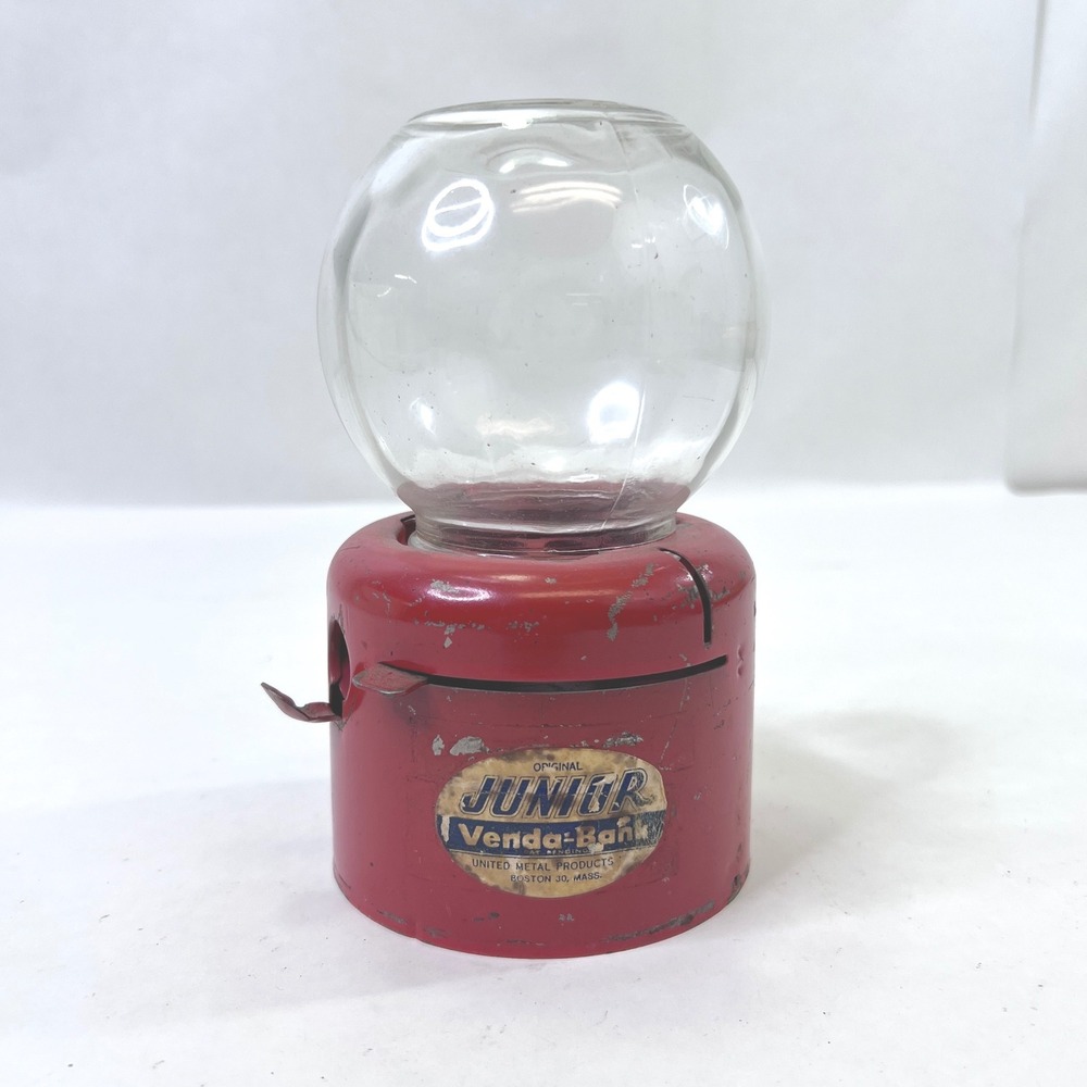Vintage Junior Venda-Bank Gumball Machine Red Metal Glass United Metal Products